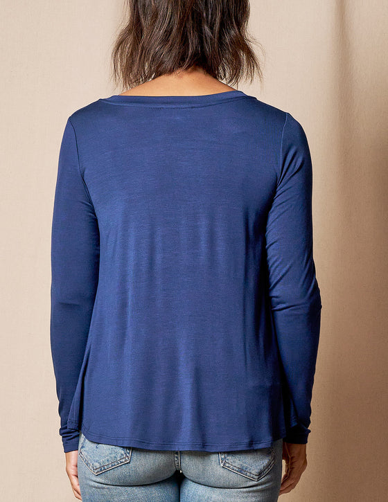 Bamboo Long Sleeve Top Navy Soft Luxury Casual Breathable Stretch Plus Size Round sold Neck Capsule Layering