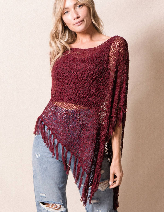 Ladies Knit Poncho Merlot Red - Hippie Knit Poncho - Crochet Top